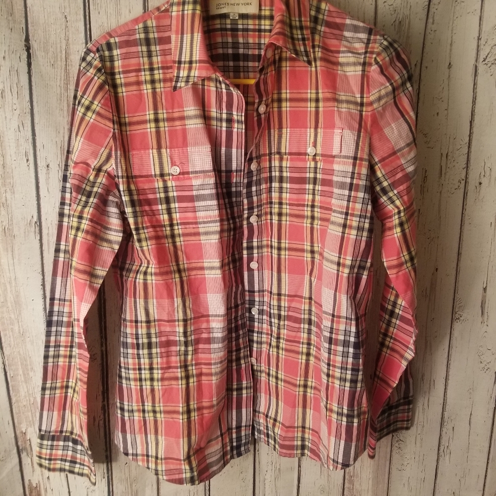 JONES NEW YORK SPORT WOMENS PLAID BUTTON DOWN
